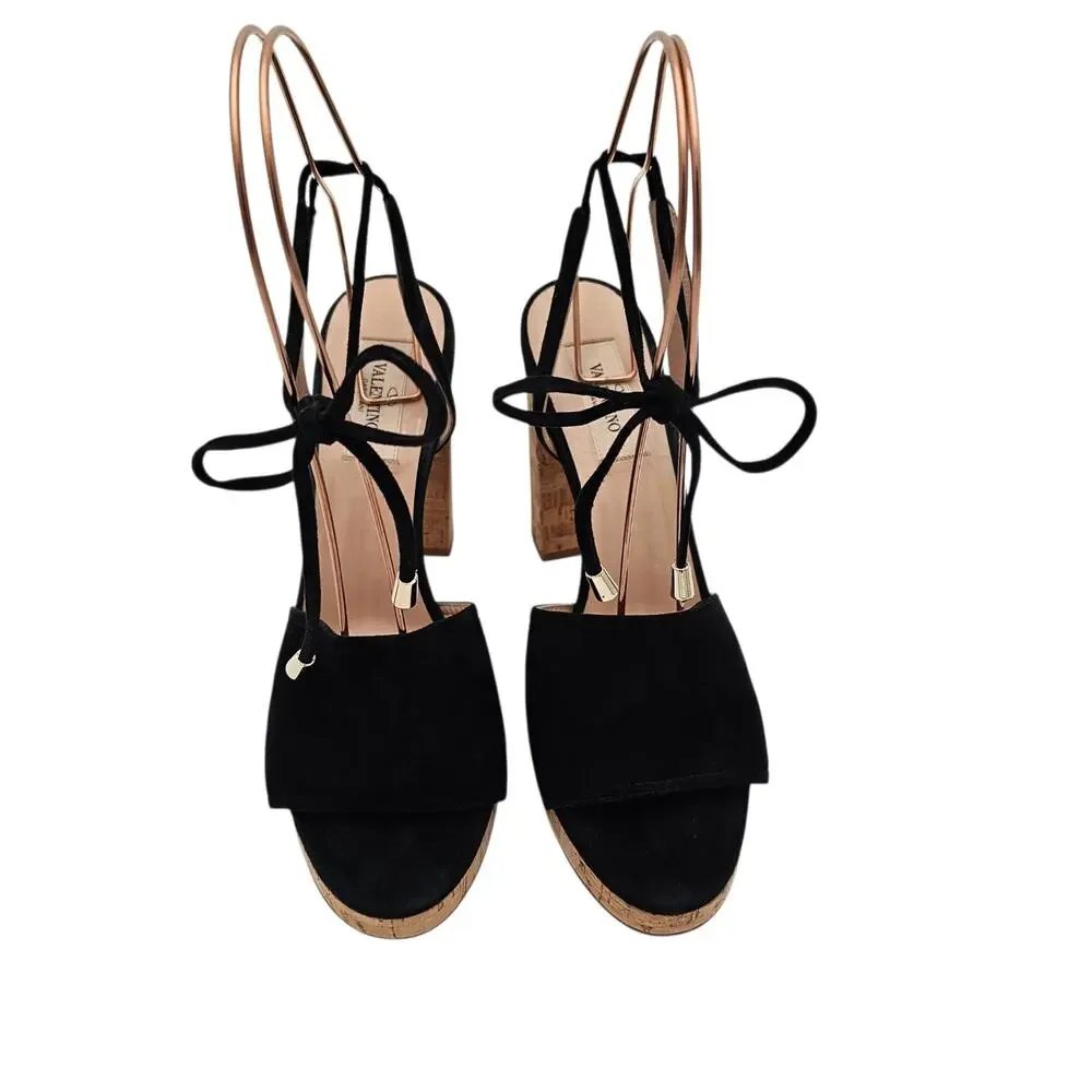 Valentino Garavani Cork Ankle Tie Heel Plaform Sandal Black Suede Size 39 US 9